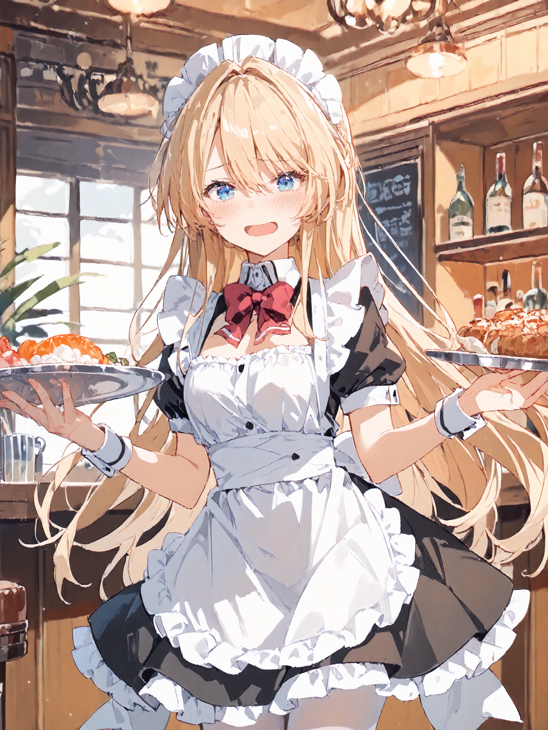 score_9, score_8_up, score_7_up, source_anime, ray tracing, best quality, <lora:Style-Expressive_H-pony:0.8>,  <lora:Char-Ouzuka-Mai-V1-Pony:0.9>,  1girl, ouzuka mai, solo, blue eyes, maid, maid headdress, maid apron, embarrassed, white pantyhose, open mouth, blush, smile, open mouth, holding plate, looking at viewer, cowboy shot, bar \(place\), indoors, depth of field
