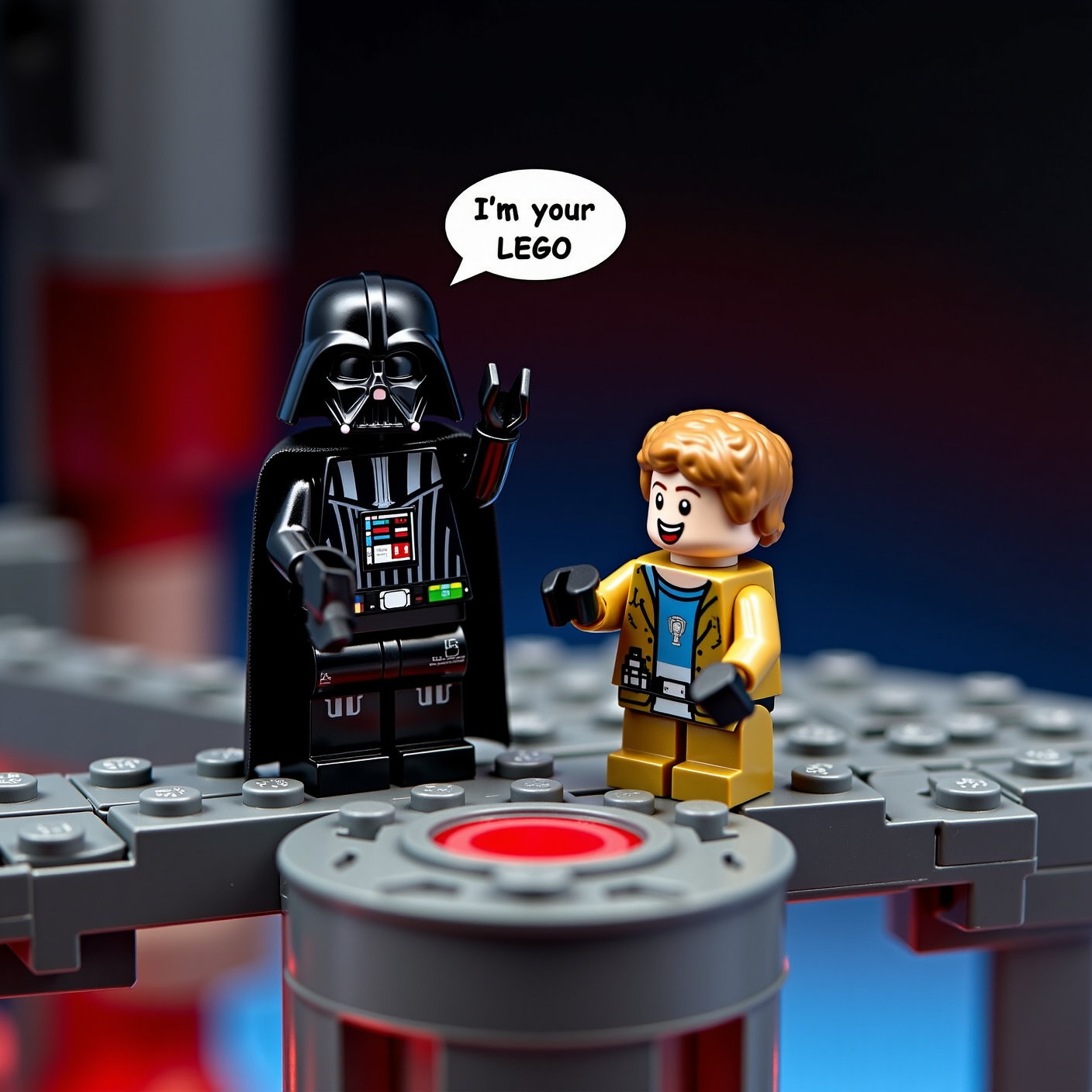 <lora:lego-minifigure:1> lego_minifigure, dramatic close-up on two LEGO minifigures standing on a narrow bridge above a glowing reactor shaft. One is styled as Darth Vader, wearing a black cape and molded helmet, reaching out with one arm in a powerful gesture. The other, a LEGO man styled as Luke Skywalker in a tan outfit, stands near the edge, visibly shocked with one hand raised in disbelief. The background features a dark circular reactor shaft built from gray bricks, glowing red and blue at the base. A red lightsaber lies on the floor between them. A comic-style speech bubble points from Vader’s mouth, reading: “I’m your LEGO.”


