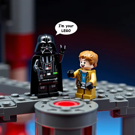 <lora:lego-minifigure:1> lego_minifigure, dramatic close-up on two LEGO minifigures standing on a narrow bridge above a glowing reactor shaft. One is styled as Darth Vader, wearing a black cape and molded helmet, reaching out with one arm in a powerful gesture. The other, a LEGO man styled as Luke Skywalker in a tan outfit, stands near the edge, visibly shocked with one hand raised in disbelief. The background features a dark circular reactor shaft built from gray bricks, glowing red and blue at the base. A red lightsaber lies on the floor between them. A comic-style speech bubble points from Vader’s mouth, reading: “I’m your LEGO.”