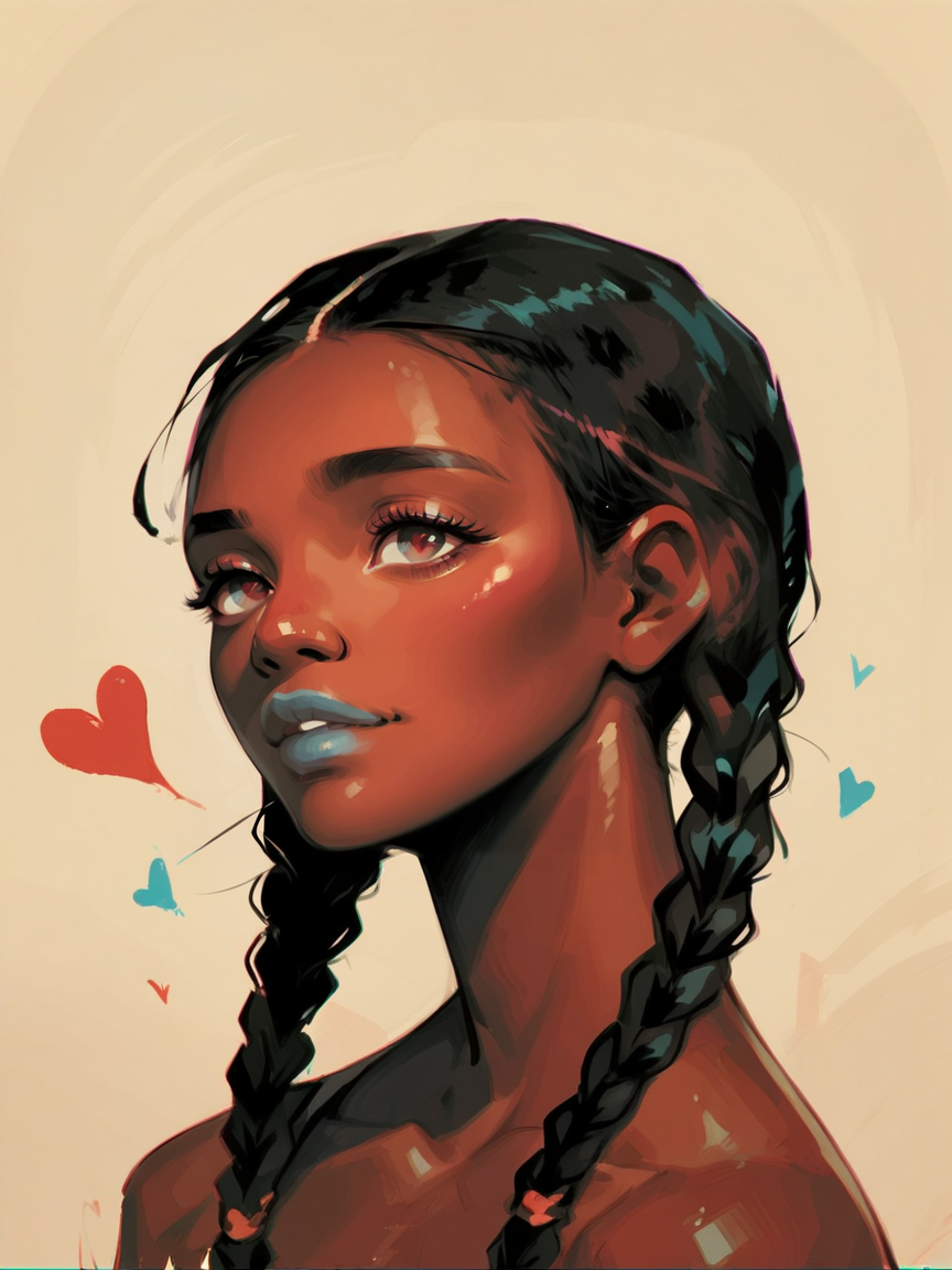 score_9, score_8_up, score_7_up, score_6_up, score_5_up,  <lora:coacalinaXLP:1> coacalina, 1girl, portrait, colorful, heart,  dark skin, twin braids,