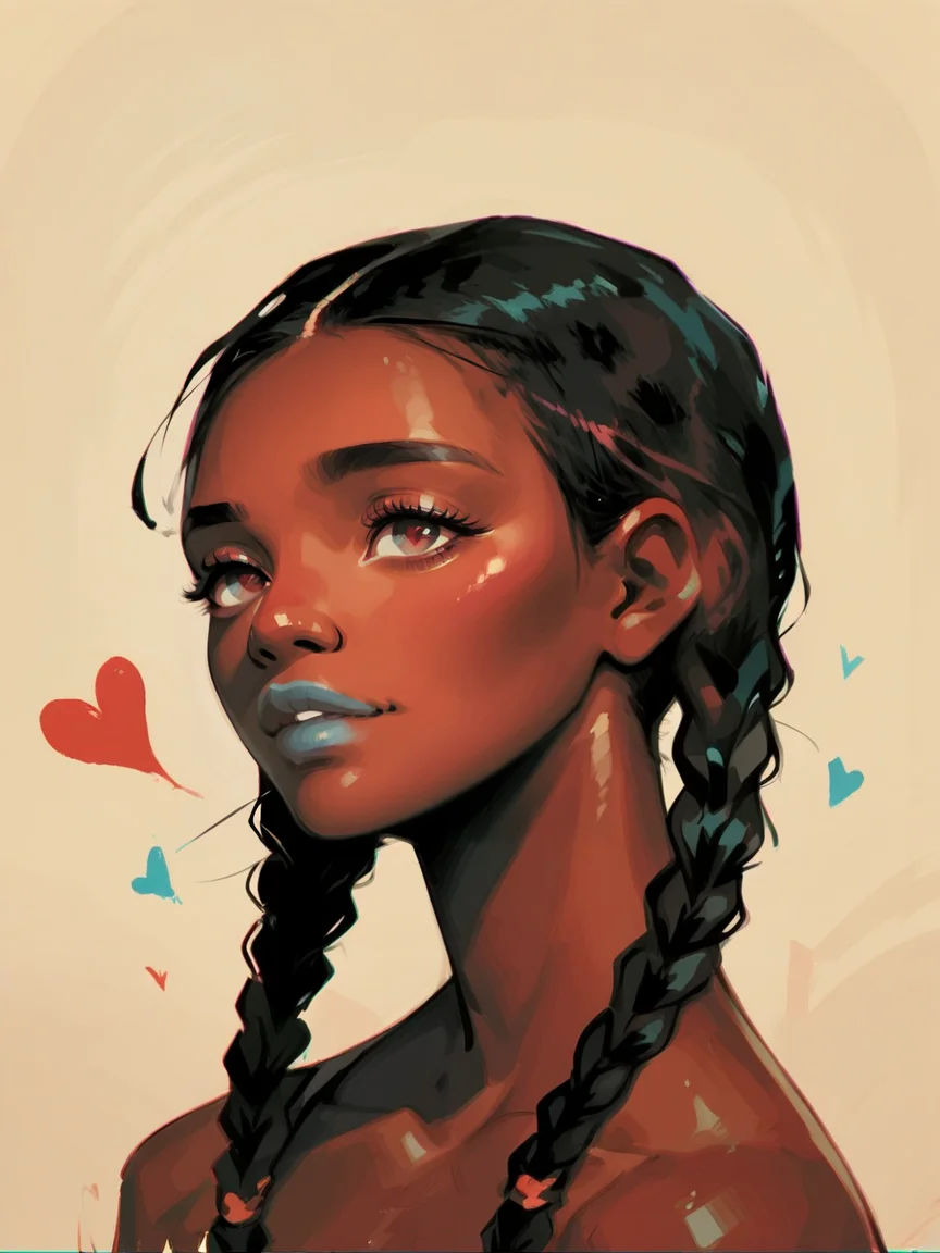 score_9, score_8_up, score_7_up, score_6_up, score_5_up, <lora:coacalinaXLP:1> coacalina, 1girl, portrait, colorful, heart, dark skin, twin braids,