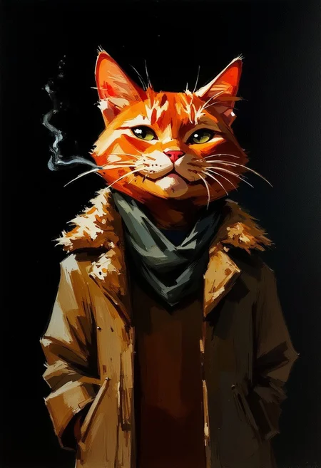 oil painting portrait rendered in a loose, impressionistic style with thick, expressive brush strokes. It depicts a ginger cat smoking wearing a fur coat. the background is black, and the cat is covered in darkness. close-up.