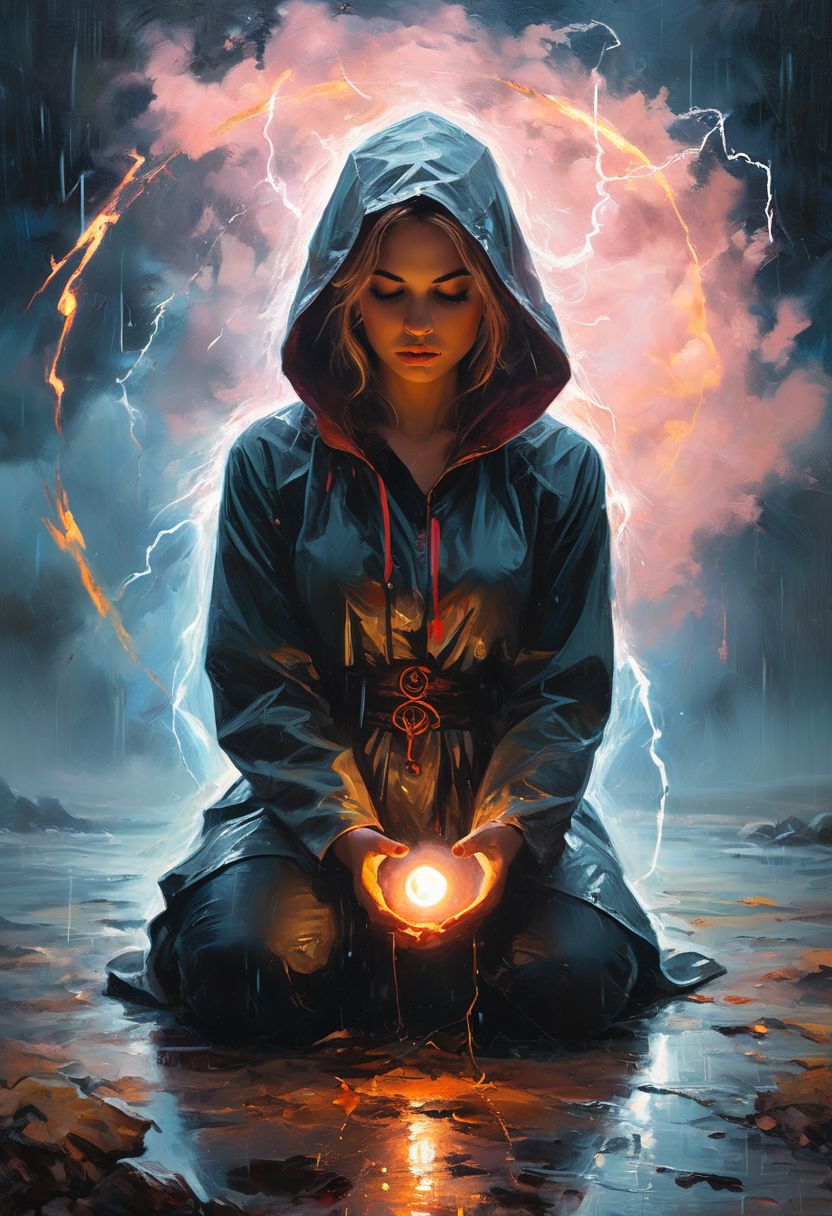 (Gritty fantasy), (oil painting), Powerful colors, bold oil strokes, rough painting, motion effects, best quality, wallpaper art, canvas oil painting, centered image, vibrant colors, ink lines, woman on knees in a rainstorm, ((kneeling, praying)), casting thunder magic spells, lightning, lightning strikes, dark, ((full moon, clouded)), hooded woman, ((glowing magic circle on ground)), ((glowing runes)), thigh strap, petite, 1girl, delicate and smooth skin, blush, perfect body, thighs, large breasts, glossy lips, looking at viewer, ritual, ((full length portrait))