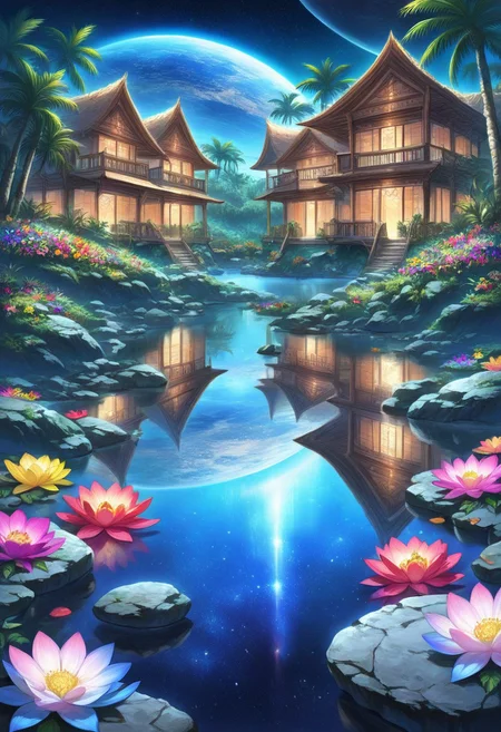 prefect lighting,very aesthetic,prefect hands,best quality,
intricate details,((highly detailed background)),(masterpiece:0.9),high quality, masterpiece,best quality,ultra-detailed, st_landscape, colored, multicolored houses, lake, palm trees, multicolored flowers, reflection, rocks, night sky, planets