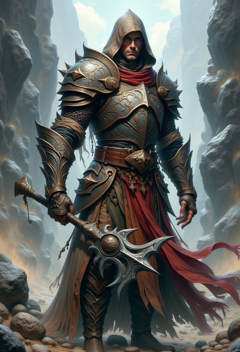 Elemental stone mage, armor made from stone and rock, handsome face, holding a spiked mace, rock magic
