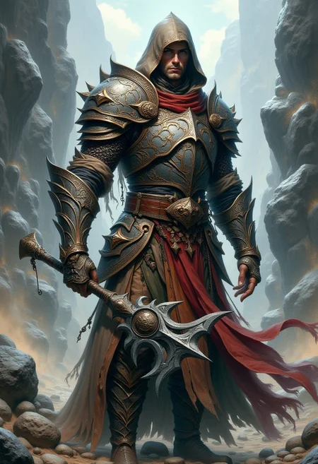 Elemental stone mage, armor made from stone and rock, handsome face, holding a spiked mace, rock magic