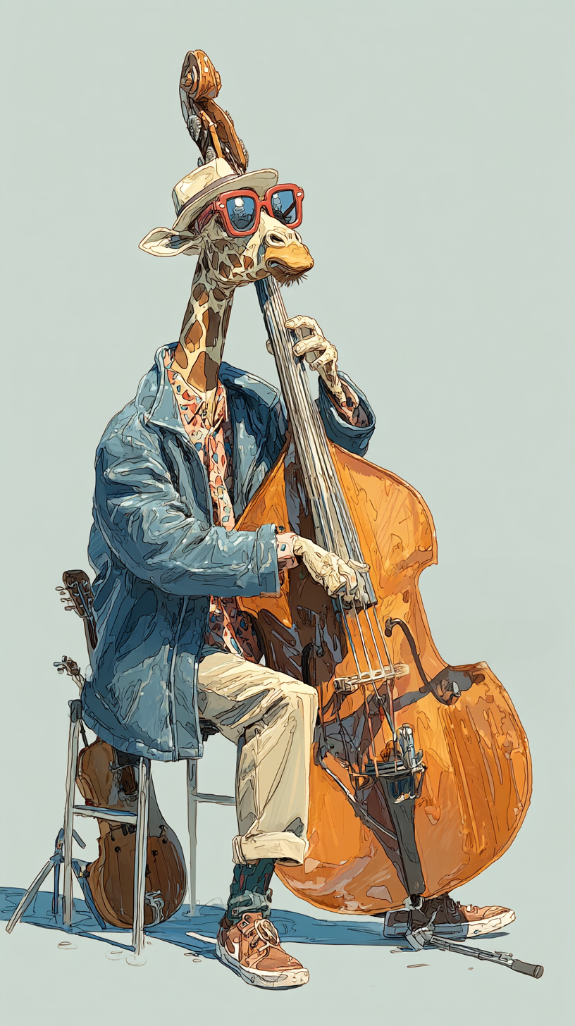 A digital illustration featuring a cartoonish character inspired by a stylized representation of a humanoid giraffe, blending elements of animal and human. The character is a mix of various human characteristics, with a unique color scheme, predominantly using earthy tones. The garaffe is seated and interacting with a musical jazz instrument; the double bass. It wears a piepot hat, large red sunglasses, a spotted colored button-down shirt, with a light blue jacket, khakis, and sneakers. A violin is seen behind the steel frame stool he sits on. The illustration is styled with water paint and color pencil details, with a focus on the interaction between the character and the instrument, showcasing the intricacies of the creature's connection and the design of the instrument; (emphasing both have long necks.) The style is vibrant, with a strong emphasis on color and form. Cool and warm colors are balanced between the giraffe and double bass.
