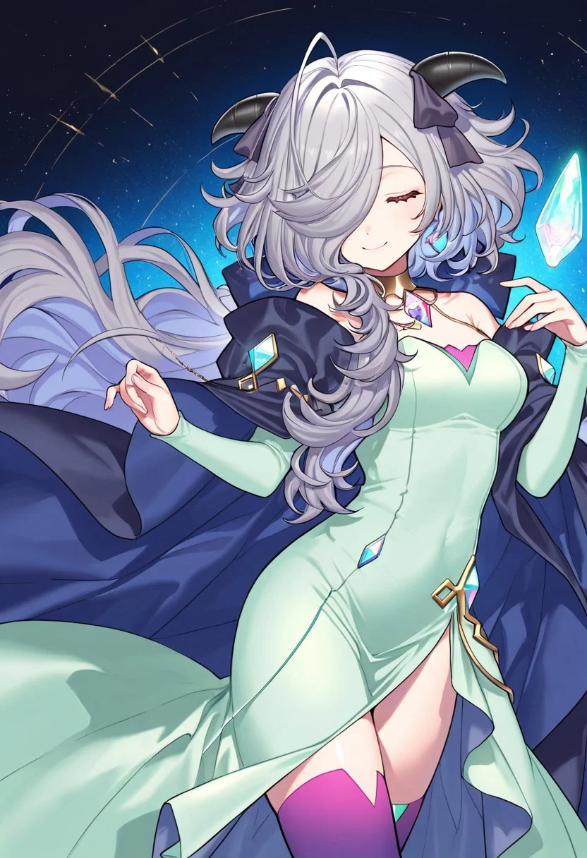 (score_9, score_8, score_7), masterwork, masterpiece, best quality, beautiful eyes, beautiful face, detailed eyes,detailed face, 1girl, eitr01, long silver hair, side-swept bangs, black curved horns,
mint green dress, ivory outer layer, deep violet inner skirt, high slit dress,
purple thigh-high stockings, navy blue and violet cape,
shiny crystal decorations, glowing light blue and pink gems, golden choker with geometric ornament, dynamic angles,closed eyes, smile,happy