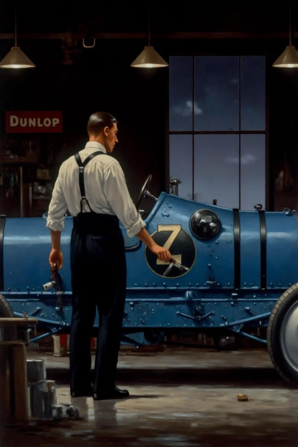 jackvettriano1 painting.
A man, his back to the viewer, is standing in front of a vintage blue race car in a garage. He is in a white shirt with rolled-up sleeves, black suspenders, and dark trousers, holding a paintbrush. The garage includes tools, a "Dunlop" sign, and a large window showing a dusky sky. <lora:jackvettriano1_cap_d8a4e12:1.0><lora:851765830520731953:0>