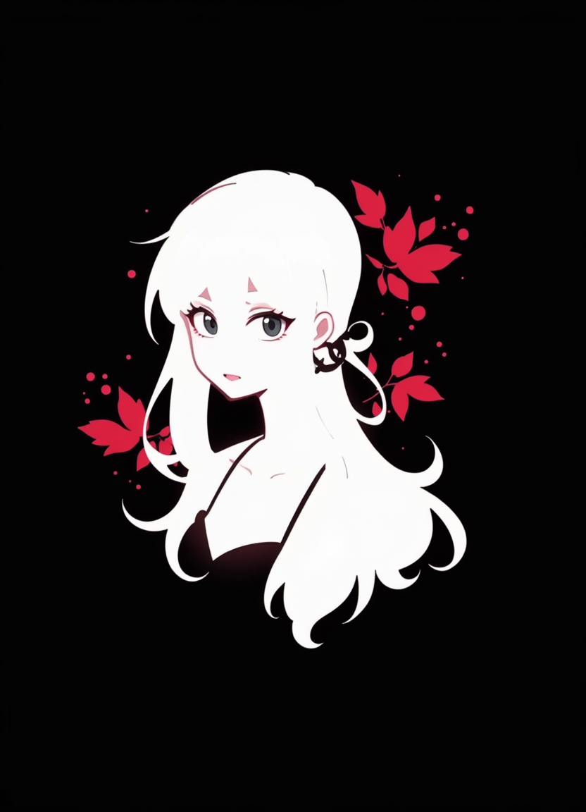 Flat colour anime style image showing white sillouette of an adult woman on a black background, white and black with red accents. You can see the thick black outline of her eyes