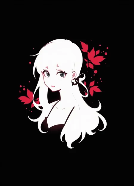 Flat colour anime style image showing white sillouette of an adult woman on a black background, white and black with red accents. You can see the thick black outline of her eyes