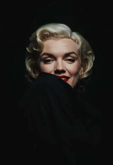 minimal moody closeup portrait of Marylin Monroe emerging from the shadows, closeup focus on the a wistful smile