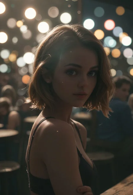 score_9, score_8_up, score_7_up, BREAK, (shallow depth of field:1.4), Chiaroscuro Lighting Style, partially covered in shadow, epiCPhoto, 1girl, shameless pose, crowded bar, dim light, (lens flare:.4), (cinematic bokeh:1.6), blond tips, bob hair