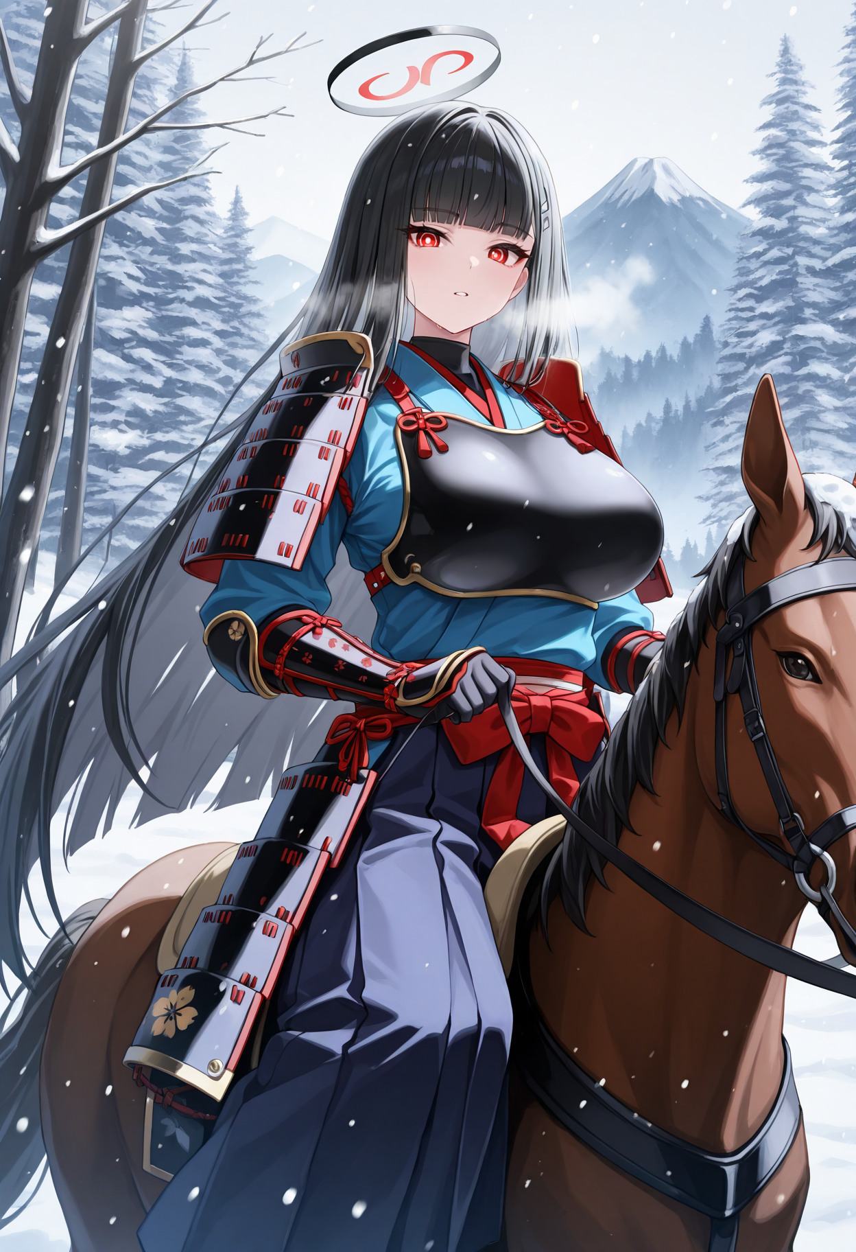 masterpiece, best quality, 1girl, solo, black hair, halo, r1o, very long hair, blunt bangs, large breasts, hair ornament, (samurai:1.2), japanese clothes, hakama, (japanese armor), kote, sode, shoulder armor, outdoors, winter, breath, (snowing), nature, horseback riding, riding, horse, reins, holding reins, saddle, red eyes, ringed eyes, white pupils, bright pupils, hakama skirt, breastplate, gloves, mountain, scenery, forest, looking at viewer