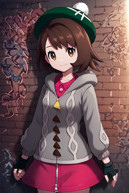 high resolution, highly detailed, perfect lighting, beautiful detailed eyes, ((masterpiece,best quality)), absurdres,      smile,  solo,  <lora:Gloria_Pokemon_P1:1>,     gloria (pokemon), solo, smile, looking at viewer, green hat, grey cardigan, hooded cardigan, cable knit, pink dress, zipper, fingerless gloves, multiple belts, shiny clothes, (graffiti:1.2), brick wall,