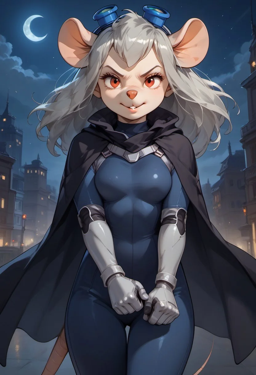 score_9, score_8_up, score_7_up, score_6_up, score_5_up, score_4_up
city, night, moon, moon light
widget_h0Ickwrench, black diving suit, mouse girl, anthro mouse, black cloak, light grey hair, long hair, red eyes, white fur
serious look, looking at viewer, front view, close, mouse feet, bare foot, robotic arm, standing, RPG-7 in hand, clenched fist