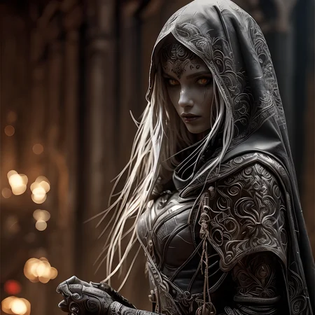RAW photo, (masterpiece:1.3), subsurface scattering, heavy shadow, (high quality:1.4), (intricate, high detail:1.2), professional photography, HDR, High Dynamic Range, realistic, ultra realistic, photorealistic, high resolution, film photography, ambient lighting, atmospheric effects, <lora:detail_slider_v4:2>, OverallDetail, a female drow assassin, dark makeup, leather armor, bracers, belt, jewelry, cape, hood, <lora:Drow:1>, epiCPhoto