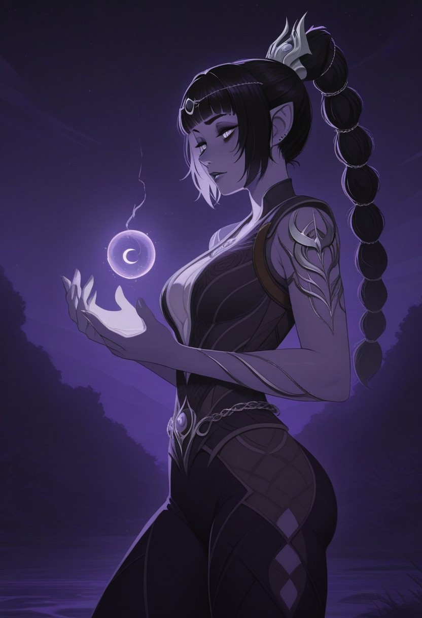 masterpiece, best quality, absurdres, CatGirlStyle,
1girl, solo, shadowheart \(baldur's gate\), tan,
dark, night, purple theme,