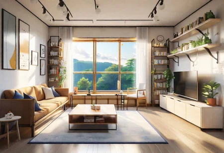 anime-style, modern-style interior, with white walls and large windows, Nordic-style furniture, a  study, Sofa, coffee table, bookcase, single wall, 
warm light morning sun, the view of the city