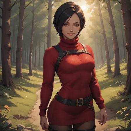 score_9, score_8, BREAK, solo, Ada, black hair, short hair, red sweater, pantyhose, black thigh boots, belt, sexy pose, self portrait, smile, outdoors, sunlight, shadows, evening lighting, natural lighting, forest, trees, grass, orange sky, sunset