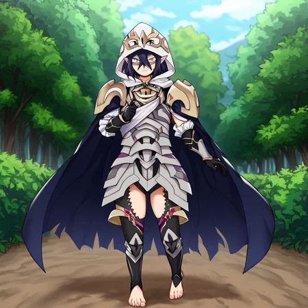 masterpiece, best quality, sharp aliasing, highly detailed, blue cape, armour, black gloves, outdoors, day, muddy ground, tree, bush, barefoot, toeless legwear, armoured legwear, stirrup legwear, 5 toes, Quality, High Definition, Full body view, solo, Tamaki Amajiki, pointy ears, dark blue hair, hair between eyes, hood, mask