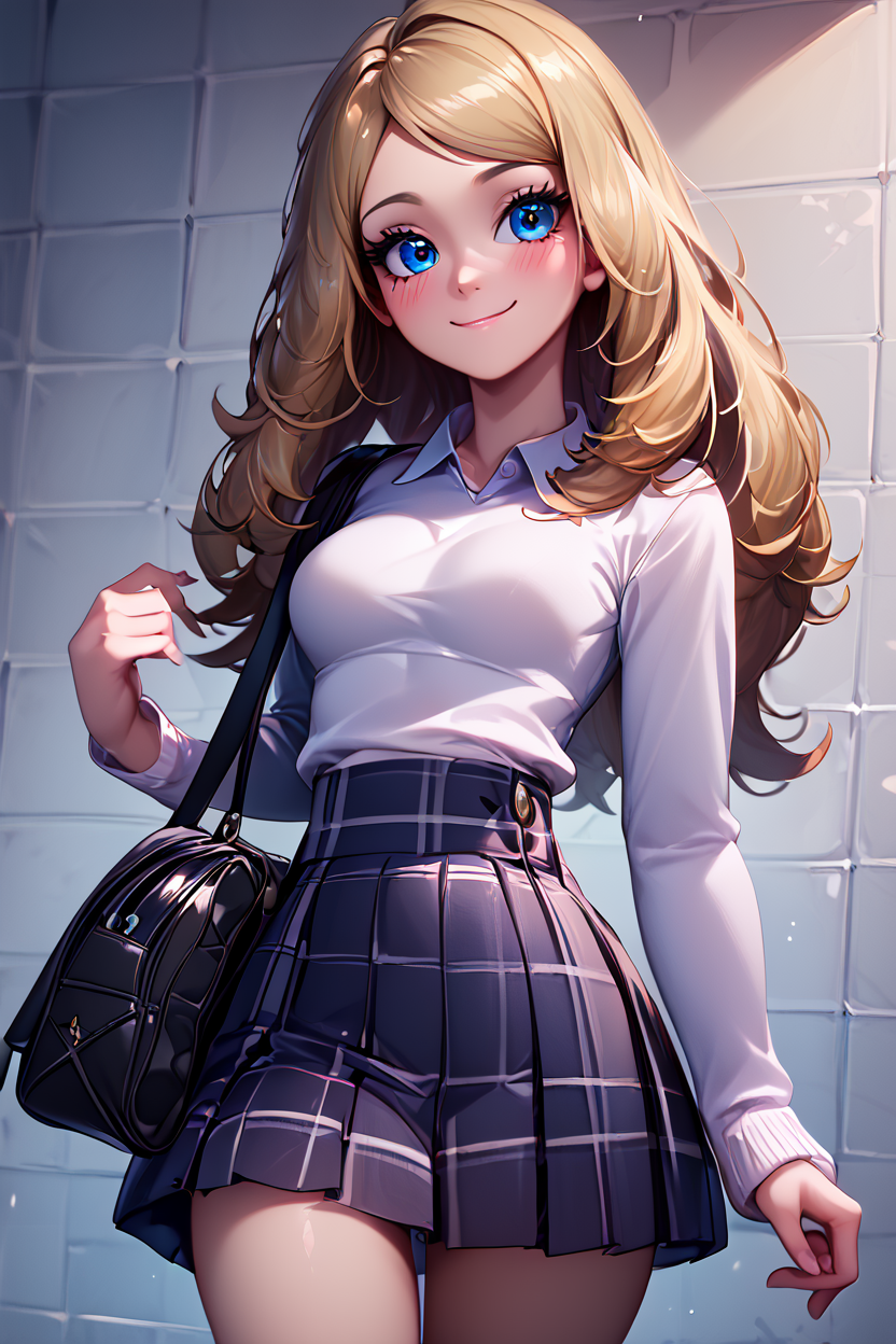 score_9, score_8_up, score_8, medium breasts, (curvy), cute, eyelashes,       BREAK, , zzSerena, solo, long hair, blue eyes,<lora:SerenaPokemon_PDXL_r1:0.7>, , BREAK, closed mouth, alternate costume, smile, looking at viewer, collared shirt, blush, sweater, black skirt, eyelashes, long sleeves, sleeves past wrists, plaid skirt, shoulder bag, black bag, blurry, tile floor, pleated skirt, white shirt, cowboy shot,  embedding:zPDXL, Expressiveh,  <lora:Vivid:0.7>,  <lora:LFashionPDXL:1>,  <lora:Uncensored_PonyXL_cpt_v02.09:0.4>,  <lora:Expressive_H-000001:0.4>,