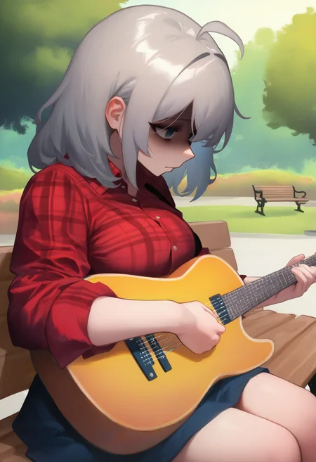 masterpiece, best quality, 1girl, solo, <lora:ickp_n11:1> empty eyes, holding guitar, park, bench, sitting, playing guitar, gray hair, ahoge, medium hair, red shirt, plaid shirt, skirt, sad, shaded face
