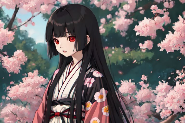 enma_ai, girl1, bangs, black hair, long hair, kimono obi sakura, heaven garden, happy