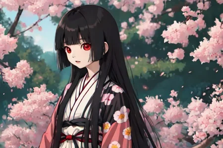 enma_ai, girl1, bangs, black hair, long hair, kimono obi sakura, heaven garden, happy