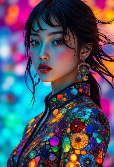 High fashion photography, a supermodel, beautiful face and eyes, TacExoGear, Exosuit, tactical gear, but subtle cybernetic enhancements that do not cover the face, A glamorous model in a futuristic rendition of traditional Chinese qipao, designed with a sleek, form-fitting silhouette and futuristic metallic fabrics. The outfit features intricate embroidery in neon threads, glowing subtly as the light reflects off the surface, leaning forward pose, Candid Emotions, from behind, looking back, straight-on, (dutch angle:0),cowboyshot, wind, floating hair, Direct Eye Contact,  <lora:RM_TacExoGear_v0.2:0.5>, midjourney_whisper_avant_couture, <lora:midjourney_whisper_avant_couture_v01:1.2>, cs-cr1stal, <lora:Crystality_Flux:0.35>, <lora:midjourney_whisper_chromaplex_v1:0.45>,  <lora:Midjourney_Whisper_AgateX_v1_epoch_20:0.45>,