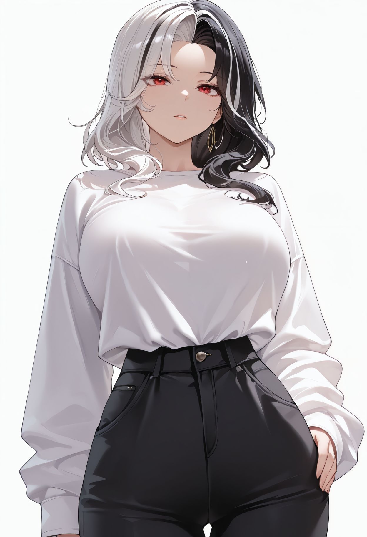 masterpiece,best quality,amazing quality, absurdres,<lora:rosanna_nikke_ilxl_goofy:1>  rosanna \(nikke\), 1girl, alternate costume, black pants, casual, long sleeves, multicolored hair, pants, red eyes, shirt, simple background, solo, split-color hair, two-tone hair, white background, white shirt