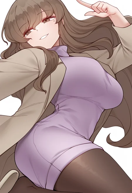 Smooth Quality,masterpiece,very intricate, high quality details, ultra realistic, high detailed skin,detailed enviorement,absurdres,
simple background, white background, dancing,skindentation, solo,from side,pointing forward,
<lora:Yejins_Mother_CNR:0.8> yejin_mother_cnr, 1girl, brown hair, long hair, bangs, brown eyes,mole under eye, large breasts,purple dress, coat, long sleeves, sweater,turtleneck sweater, pantyhose, slippers, troll face,, 0w0,