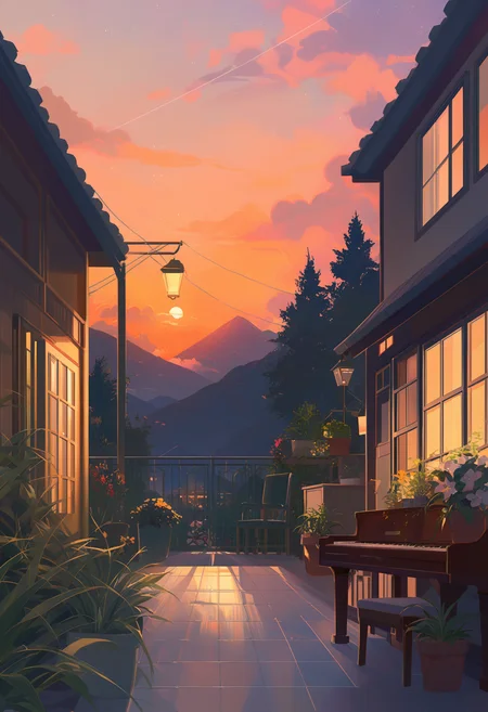 1girl,solo,masterpiece,best quality,newest,recent,
BREAK
suzumi \(blue archive\),scenery, outdoors, tree, sky, house, fence, flower, grass, mountain, cloud, plant, sunset, artist name, bush, building, power lines, stairs, utility pole, instrument, night, scenery, piano, window, sky, plant, night sky, moon, chair, star (sky), potted plant, lamp, indoors, table, flower pot, door, artist name, tiles, tile floor, building,