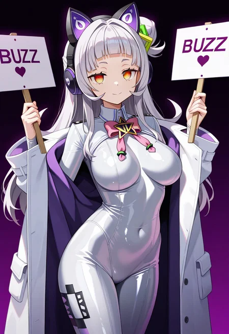 masterpiece, empty eyes, mind control, best quality, amazing quality, mischievous smile, prankster, condenscending large breasts, short height, busty short anime girl with white latex form fitting skinsuit, 1girl, cat ear mind control headphones, mind control headphones, large breasts, looking at viewer, long hair, hime cut, empty eyes, expressionless, white open coat, glowing eyes, expressionless, large breasts, short height, 1girl, solo, large breasts, looking at viewer, murasaki shion, hair bun, short eyebrows, grey hair, single side bun, blunt bangs, virtual youtuber, arched bangs, holding sign of BUZZ BUZZ BUZZ BUZZ