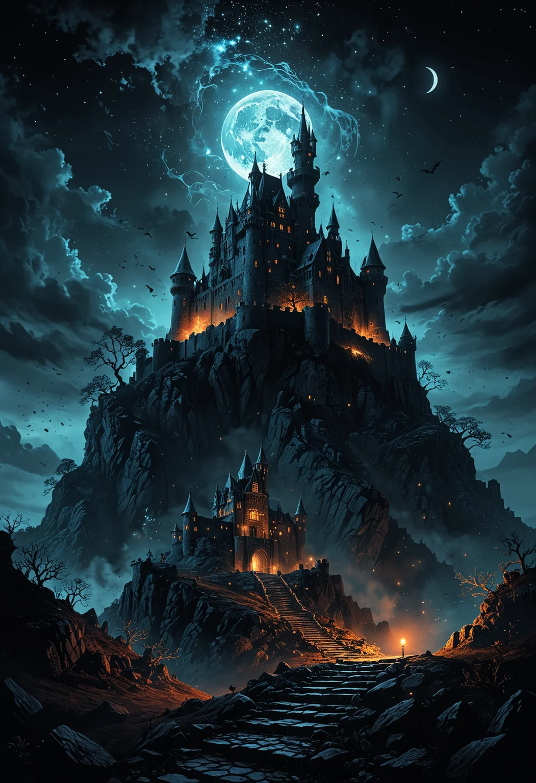 (professional digital artwork) from below, castle on a hill, (night background:1.1) (cosmic horror atmosphere)
<lora:add-detail-xl:1>
<lora:WildcardX-XL-Detail-Enhancer:1>
<lora:MJ52:0.375>
<lora:CinematicStyle_v1:0.42>
