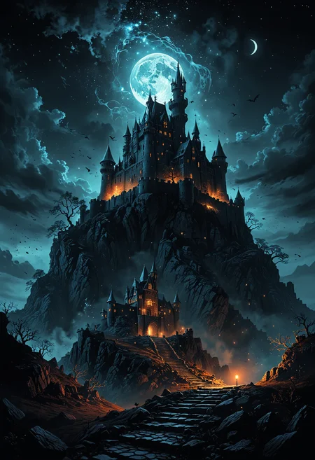 (professional digital artwork) from below, castle on a hill, (night background:1.1) (cosmic horror atmosphere)
<lora:add-detail-xl:1>
<lora:WildcardX-XL-Detail-Enhancer:1>
<lora:MJ52:0.375>
<lora:CinematicStyle_v1:0.42>