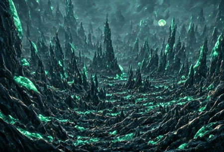 A beautiful landscape at night on an alien world, dramatic lighting, large moon in the sky, jade rocks, waterfalls, deep crevices, uhd, ultra-detailed, photography, f/8 photo, monoprone, nmskyrim