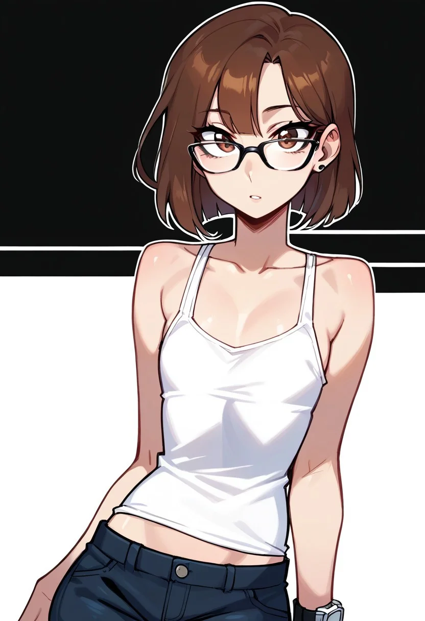 Stable_Yogis_PDXL_Positives, Stable-Yogis-Makeup-Enhancer-XL, (((score_9, score_8_up, score_7_up, score_6_up, score_5_up, score_4_up, perfectly detailed face, high quality, source_comic, easynegative, high quality,))), ((thick outlines, each outlined in heavy black lines,)) BREAK solo, femBoy, Asian femboy, Slim body, flat chest, Brown hair, Short hair, Big eyes, Brown eyes, adult, (White Tank top, watch on left wrist, Black short Pant, glasses),