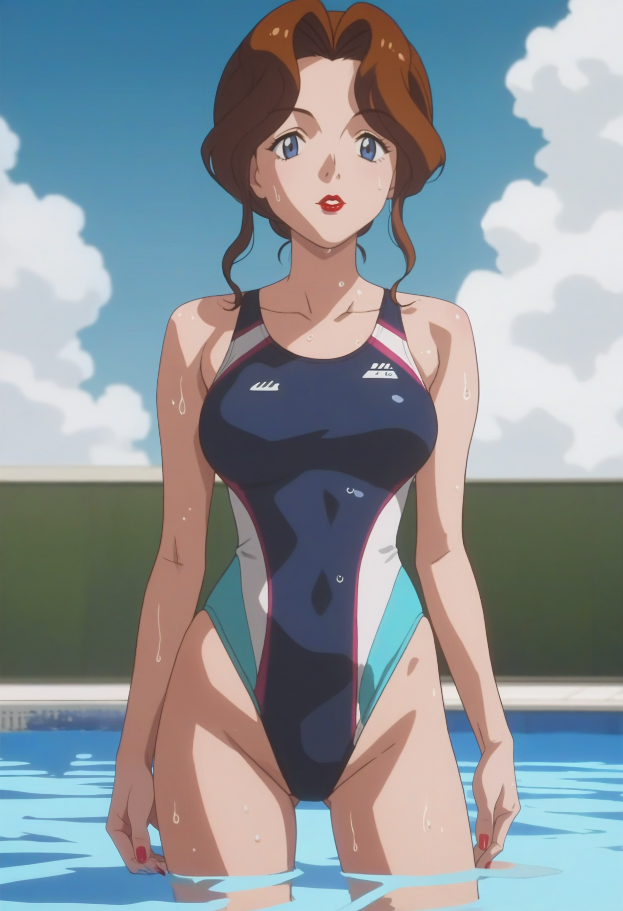 score_9, score_8_up, score_7_up, score_6_up, anime screencap, anime coloring, <lora:PMSAL:0.9>, PMSAL, 1girl, solo, brown hair, single hair bun, low hair bun, bangs, sidelocks, lipstick, blue eyes, breasts, nail polish,
competition swimsuit,
standing, facing viewer, cowboy shot, looking at viewer, wet, sweat, 
BREAK blue sky, day, sunlight, pool, wading, reflective water,
