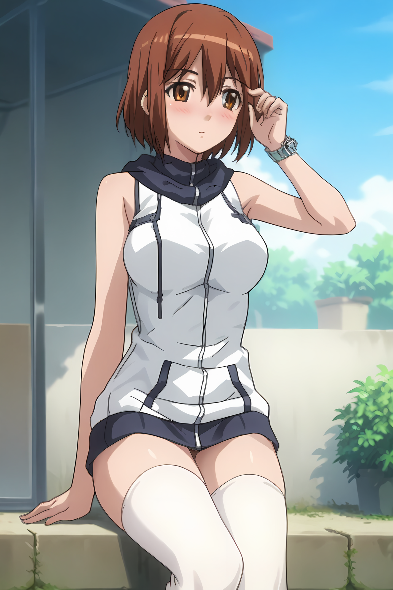 (white hoodie sleeveless thighhighs:1.50), cpc-manami, short hair, brown hair, hair between eyes, brown eyes, wristwatch, 
medium breasts,
1girl, solo, skinny, (source_anime, score_9, score_8_up, score_8, score_7_up), score_7, score_6_up, score_6, score_5_up, score_5, 
(blush:1.10),
(outdoors:1.00),
(:1.60), (feet:0.80),
<lora:cpc-manami-V04-000004:1.00>
