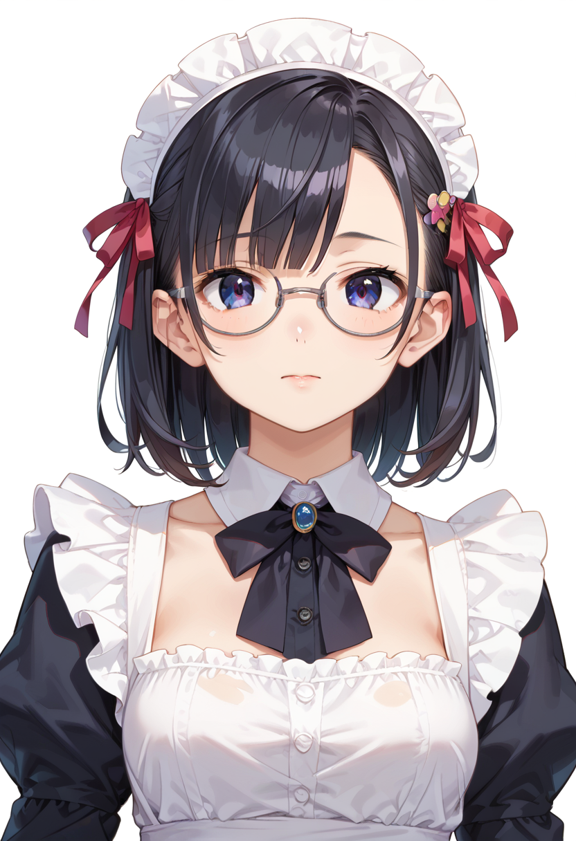 score_9, score_8_up, score_7_up, rating_safe, masterpiece, best quality, absurdres, unity 8k wallpaper, official art, official style, source_anime, uncensored, game cg, megami magazine,
1girl, solo, black hair, medium hair, upper body, covered eyes,maid, maid headdress, black dress, maid apron, face focus,
oval_metal, glasses, still life, white background, simple background, grey-framed eyewear,
 <lora:glasses_OvalMetal2_PONY_V1:1>