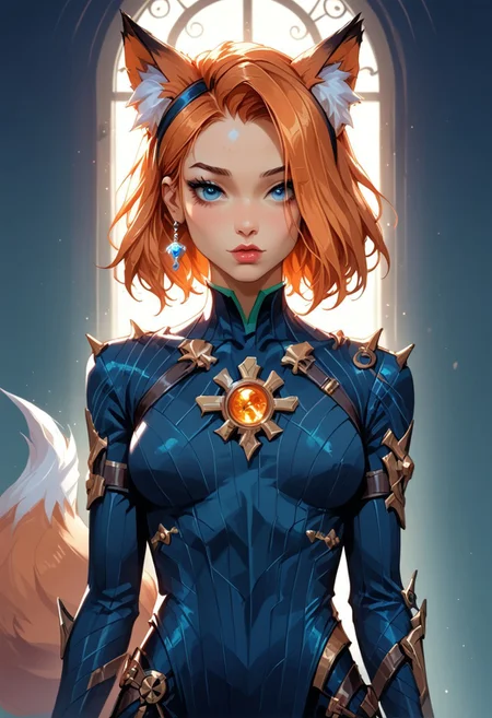 Stable_Yogis_PDXL_Positives, (score_9, score_8_up, score_7_up), <lora:Witchkiri-30:0.9>, <lora:sxz-valorant-smol-v2-pdxl:1>, <lora:detail-tweaker-xl:0.5>, <lora:EnvyPonyPrettyEyes01:0.25>, <lora:sinfully_stylish_SDXL:0.8>, valorant style, ((face focus, eye focus, dynamic angle, motion)), (intricate details, detailed face, detailed eyes, super-detailer-bsy, detailifier, detailed skin, detailed hair, hyper-detailed, ultra-detailed, sexiness enhancer),
BREAK,
(1girl, solo), fantasy, (kiyoko otomo, corruption of champions, fox ears, fox tail, animal ears, fox girl, green nails, orange hair), breathless intimacy, tanned skin, petite model bombshell, heart, young, delicate features, narrow pointy nose, tiny nose, brown hair, medium length hair, bob cut, lust, big eyes, seductive eyes, blue eyes, detailed skin, flared lashes, mascara, makeup, perky medium breasts, athletic body, narrow waist, skinny hips,
warm light, detailed, neon dark party
BREAK
milky way, runes, arcane, astral, surreal, ethereal glow, masterpiece, best quality, intricate design. colorful, moonlit nightsky, stained glass aesthetic, moody whimsical color palette, murano glass, bold soldering lines, volumetric light shining through, crepuscular rays, intricate craftsmanship, detailed texture, luminous transparency, reflective light play, vivid hues, atmospheric depth, enchanting silhouette, art nouveau,