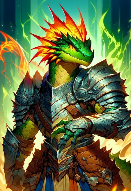 score_9, score_8_up, score_7_up, lizardfolk, metal armor, Flashfire glowing runes blue and green, glowing rune scales