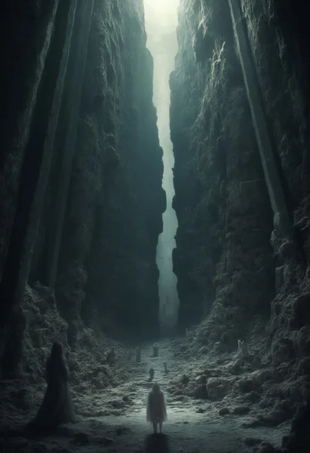 A vast and endless underworld, Sheol stretches beneath the earth like a forgotten chasm, its atmosphere thick with an eerie, otherworldly silence. The ground is cracked and lifeless, composed of blackened stone and ashen dust, while towering jagged pillars fade into an eternal twilight. The air is heavy with a ghostly mist, swirling around the countless shadowy figures—lost souls wandering aimlessly, their forms translucent and sorrowful, caught between existence and nothingness.
Dim, flickering lights, like dying embers, float aimlessly in the gloom, casting faint, shifting glows over the abyss. The walls of Sheol seem to stretch infinitely, carved with ancient, unreadable inscriptions, whispering the secrets of the dead. Deep within, shadowy doorways hint at even darker depths, places where the silence is broken only by the distant echoes of murmured laments.
A sense of vast isolation and eerie tranquility lingers, as if time itself has lost meaning. There is no fire, no torment—only the weight of eternal stillness and the quiet, solemn presence of those who have departed from the world above.
Ultra-detailed, cinematic lighting, dark fantasy, gothic realism, atmospheric and haunting, hyper-realistic textures, eerie and mystical composition