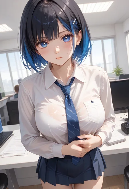 (Shion Tachibana, Short hair, Black hair, Multicolored Blue hair, Expressive eyes, Blue crystal eyes), perfect face, Serious expression, Blushing, Perfect body, Tall, White skin, Large breasts, white shirt, Long sleeves, blue tie, blue ribbons, black short skirt, office room, Windows, Table, Chair, indoor, Wide Angle Camera, (masterpiece, detailed:1.2), (High Resolution), (More Details), (8K), (High Resolution), Aesthetic style, (glitter), soft anime, intricate colors, vibrant colors, color detail, ((Anime illustration)), ((Incarnate detail)), ((Masterpiece)), ((Highest quality)), easynegative,