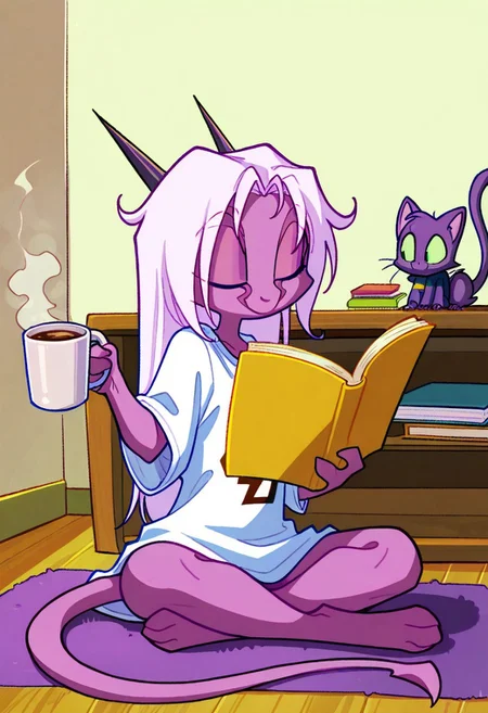 score_9, score_8_up, score_7_up,namah_calah,
1girl,solo,furry,tail, source_furry,horns,
 ,<lora:namah_calah_illustrious:0.8>,
child, kid,
 solo, living room, long  hair, , oversized  shirt, large t-shirt,  sitting, reading book, holding steaming coffee mug, relaxed smile, cute, cat, cozy,
t4kar4i_illu, no_outlines, no lineart,
masterpiece, best quality, absurdres, [dynamic pose]