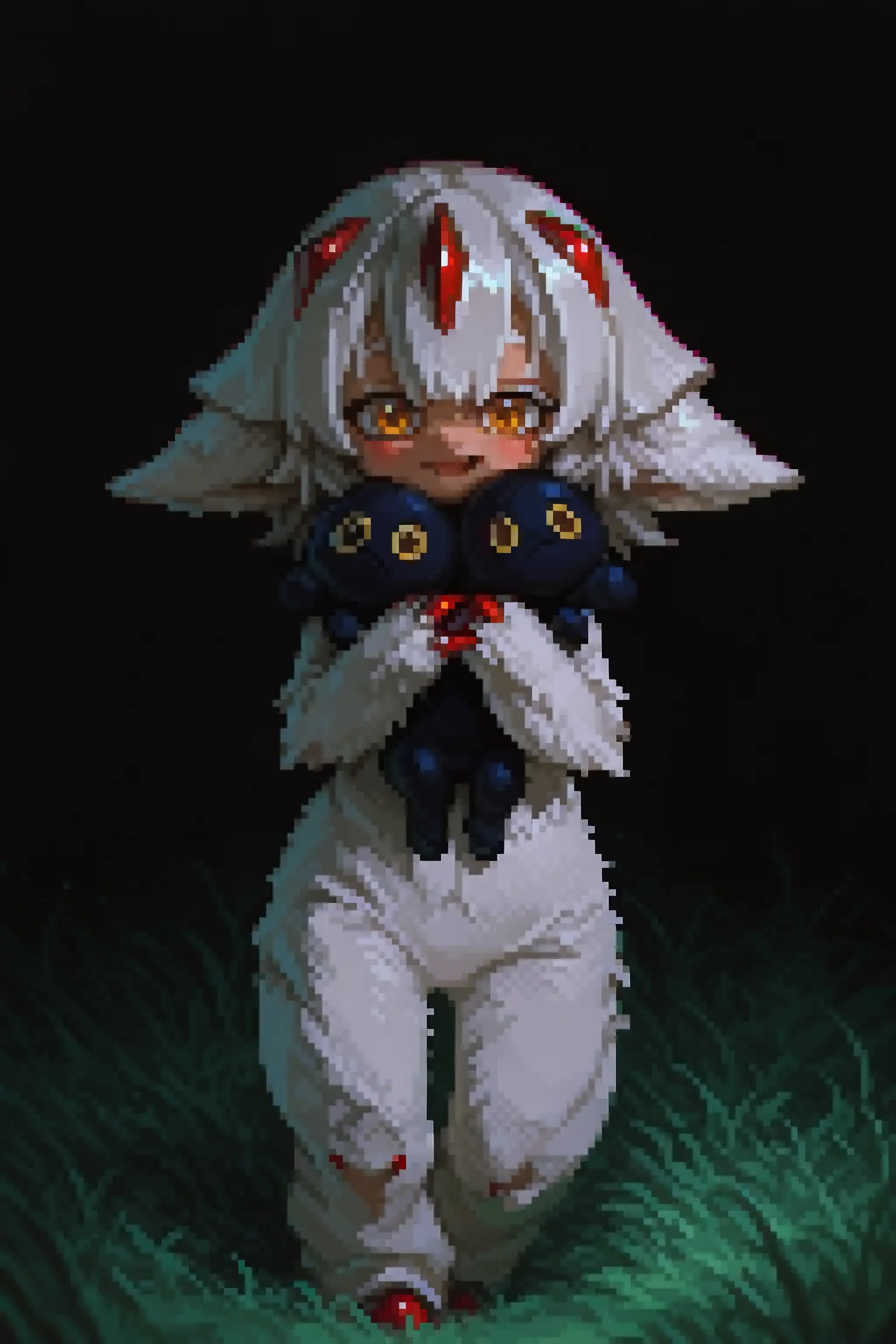 pixel, (chromatic_aberration, depth_of_field, blurry:1.4), limited_palette,black_background, masterprice, 2girl, faputa, :d, prushka, hugging, , Perching,full shot, shy, cute, looking_at_viewer, on grass, smile, night, open_clothes, dynamic_pose, dutch_angle,