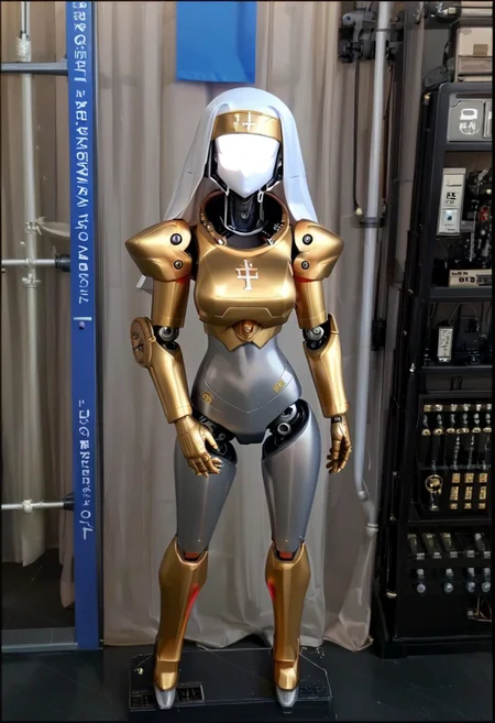 A 35mm photo of a beautiful robotic woman, she has a faceless robotic head, robot, silver hair, smooth metallic featureless feminine body, black colour with gold accents, faceless robotic nun in a robot religion , religious symbol is a circuit trace, her skin is made of metal and plastic
mannequin, faceless, egghead, Robot girl, Mecha, Android, mechanical limbs, robot joints, metal skin, black sclera, no mouth, armor, glowing eyes, no face, renou