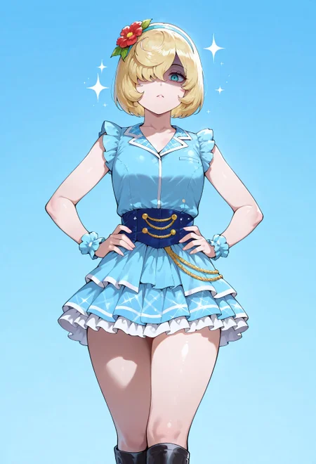 masterpiece, best quality, amazing quality, absurdres, (colorized:1.2),

1d0l_mask,1girl, solo, blonde hair, short hair, bob cut, bangs, hair over one eye, blue eyes, collarbone, small breasts, idol clothes, hair ornament, flower  hairband, blue dress, sleeveless, blue skirt, miniskirt, frilled skirt, pleated skirt, blue wrist cuffs, black footwear, knee boots, 

emotionless, shaded face, sparkling aura, standing, hands on the hips, cowboy shot, looking at viewer, simple background, blue background,