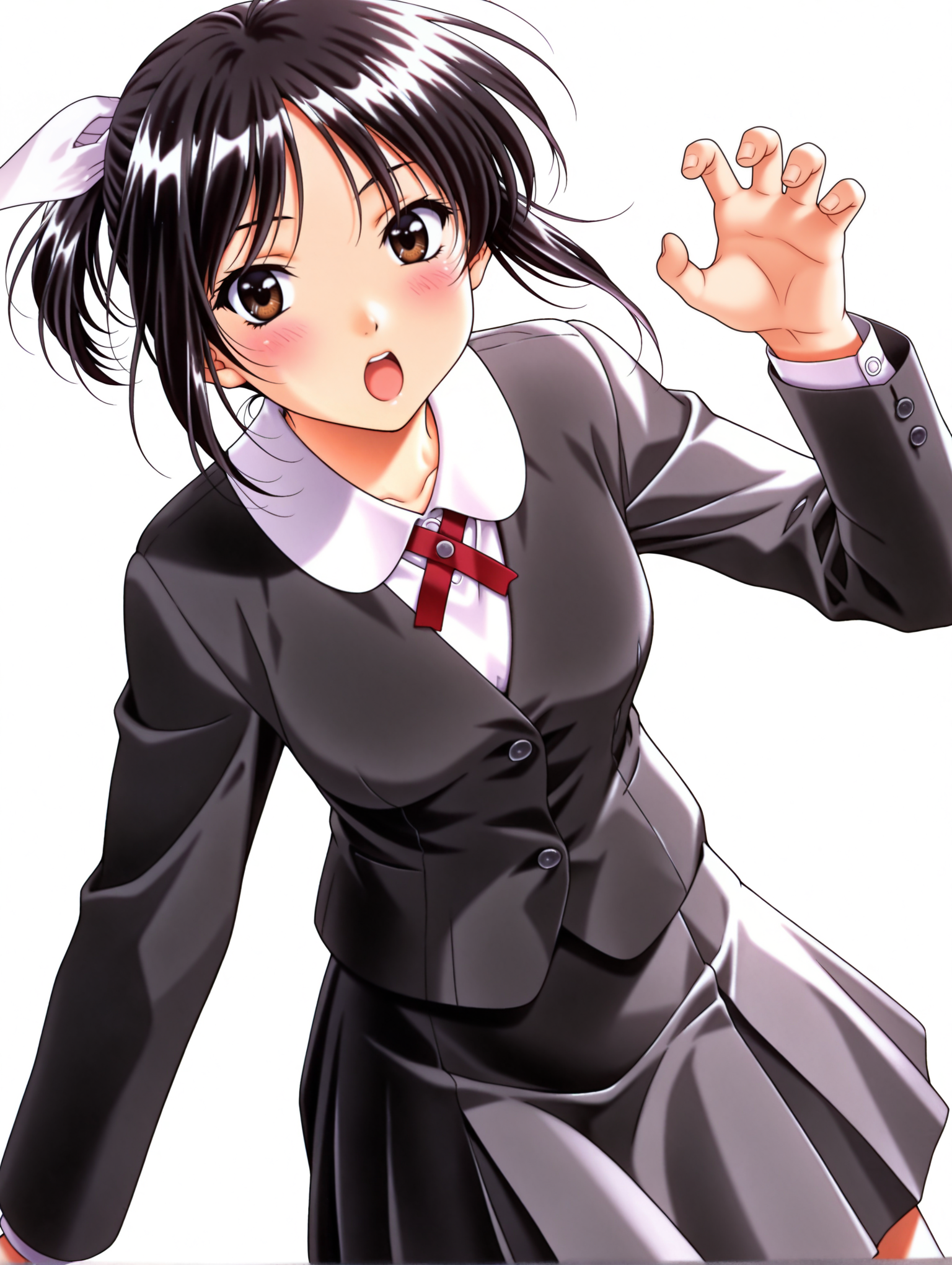 masterpiece,best quality,newest,
1girl,solo,
<lora:morii_kaho_ilxl_v1.0:1>,kaho,black hair,white hair bow,ponytail,brown eyes,k_clothes,jacket,long sleeves,pleated skirt,
<lora:Fixhands_anime_bdsqlsz_V1:1>,front view,dynamic_angle,face_focus,kind_smile,open mouth,blush,profile,twin braids,claw pose,white_background,simple_background,looking_at_viewer,